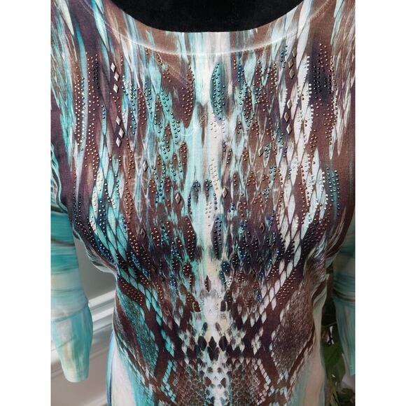 New Directions Blouse Women Medium Multicolor Teal Brown Abstract Print Top - Picture 3 of 11